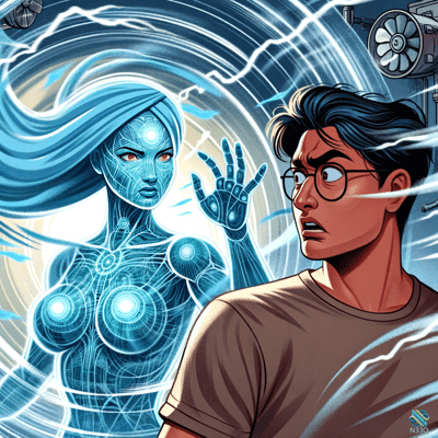 Blue Holographic Woman and Shocked Man