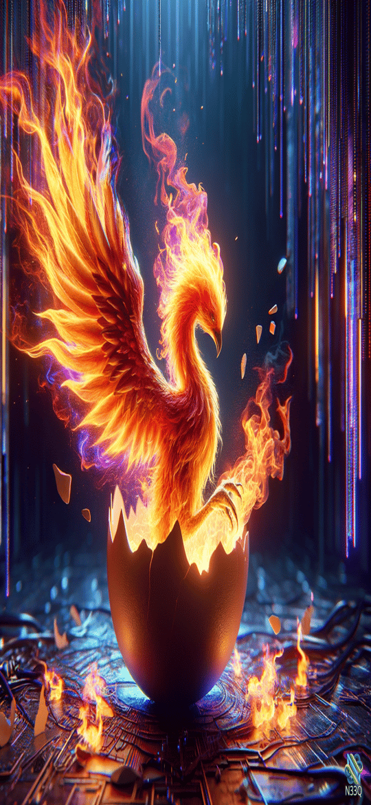 Fiery Phoenix Emerging from Cracked Egg
