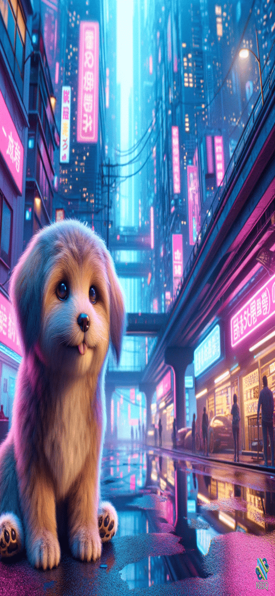Fluffy Puppy on Neon Cyberpunk Street