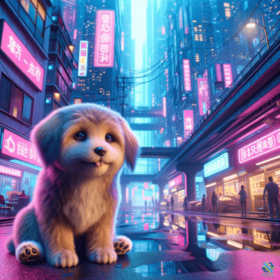 Fluffy Puppy on Neon Cyberpunk Street