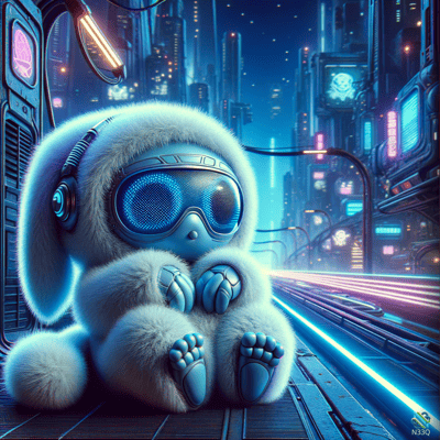 Fluffy White Bunny in Neon Cyberpunk City