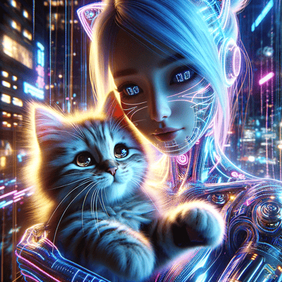 Cyborg Catgirl Holding Fluffy Kitten in Neon City