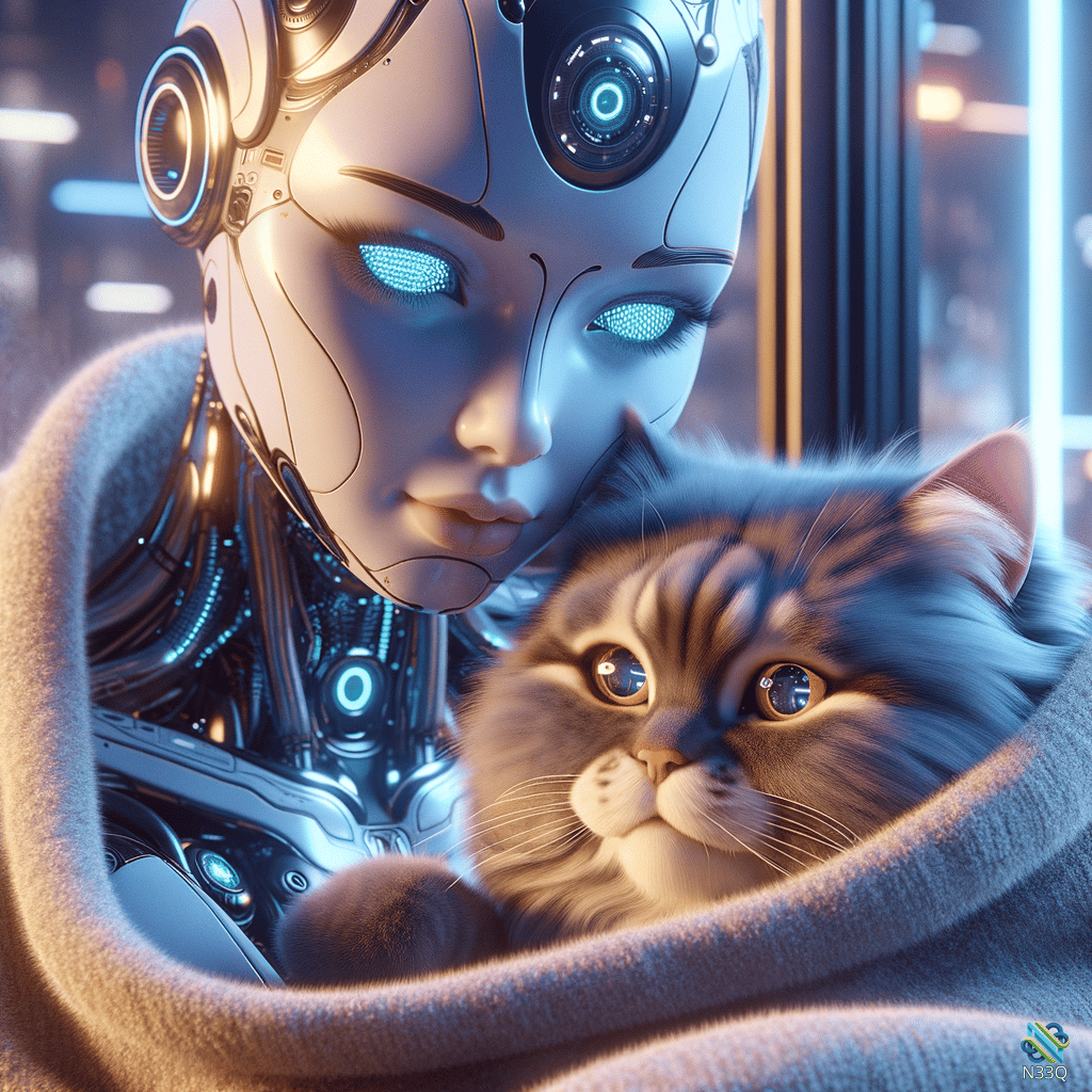 Cyborg Woman Cuddling Fluffy Cat