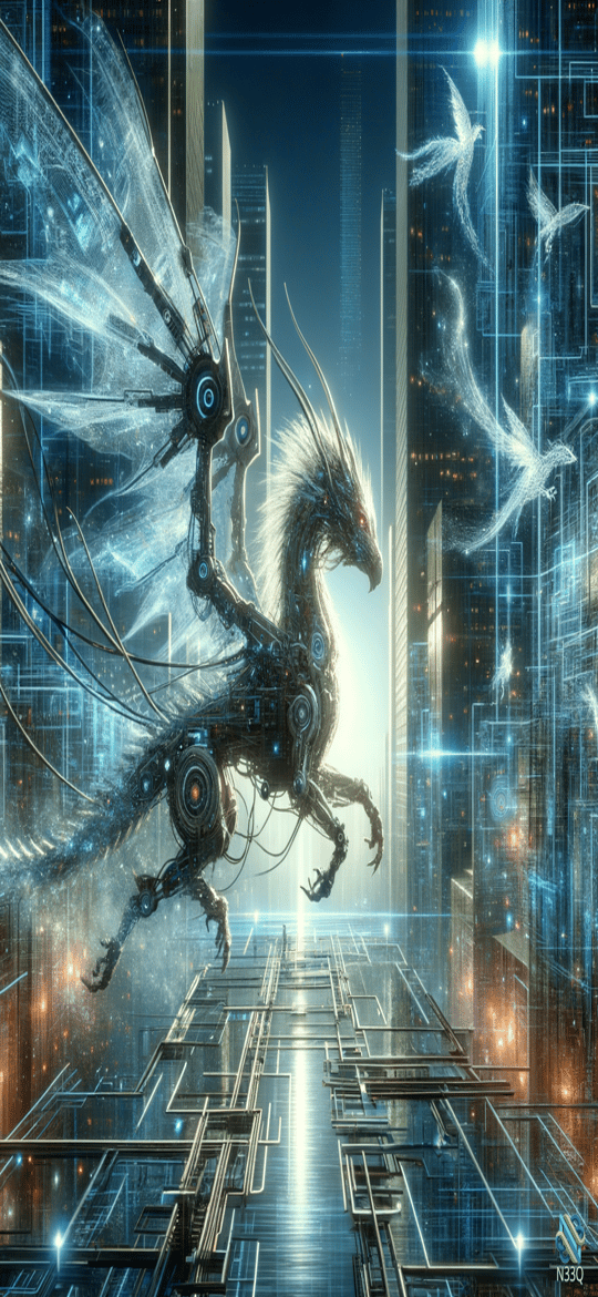 Mechanical Dragon Soaring Through Neon City
