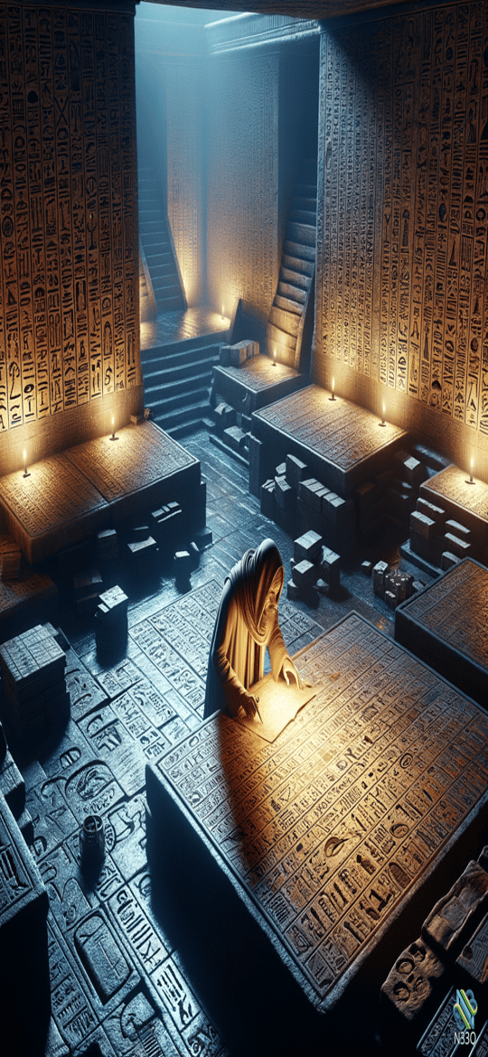 Hooded Scribe Writing in Hieroglyph Chamber