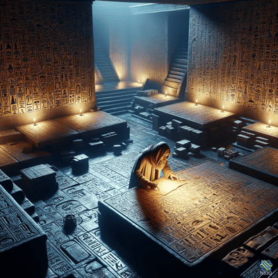 Hooded Scribe Writing in Hieroglyph Chamber