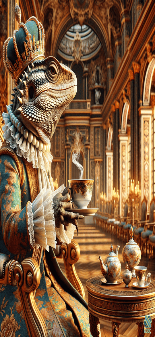 Crowned Lizard King Sipping Tea in Palace