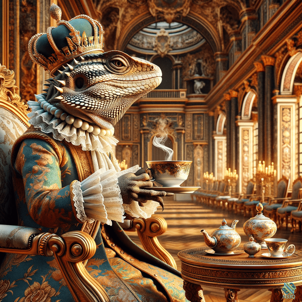 Crowned Lizard King Sipping Tea in Palace
