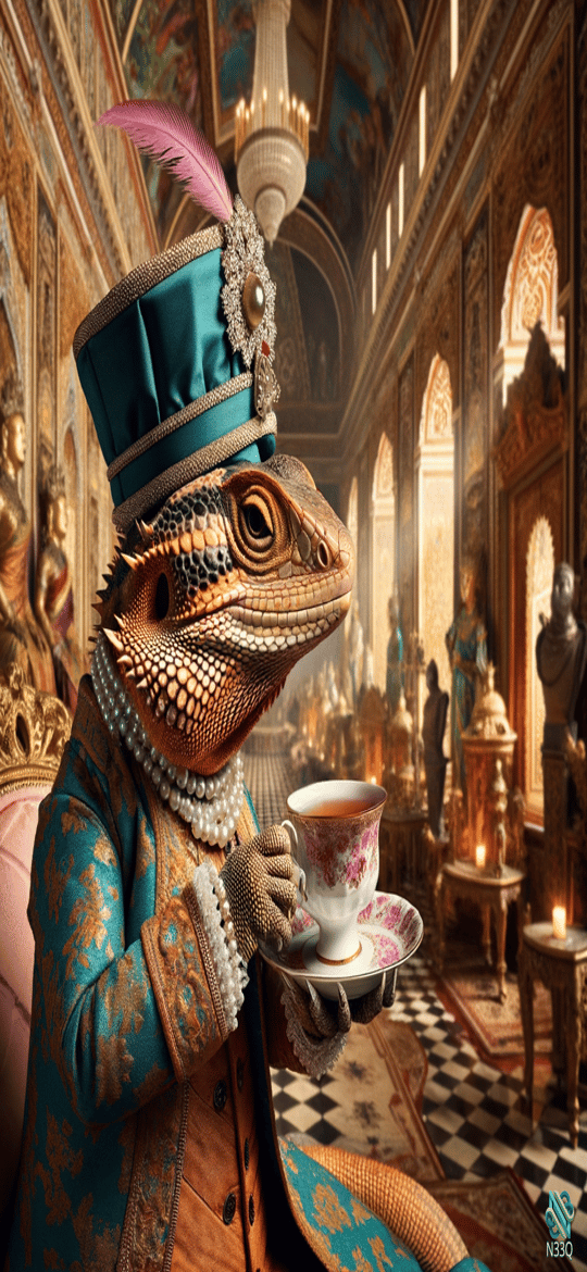 Bearded Dragon Aristocrat Sipping Tea in Palace