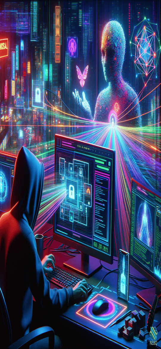 Hooded Hacker Facing Neon Digital Entity