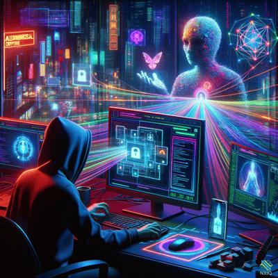 Hooded Hacker Facing Neon Digital Entity