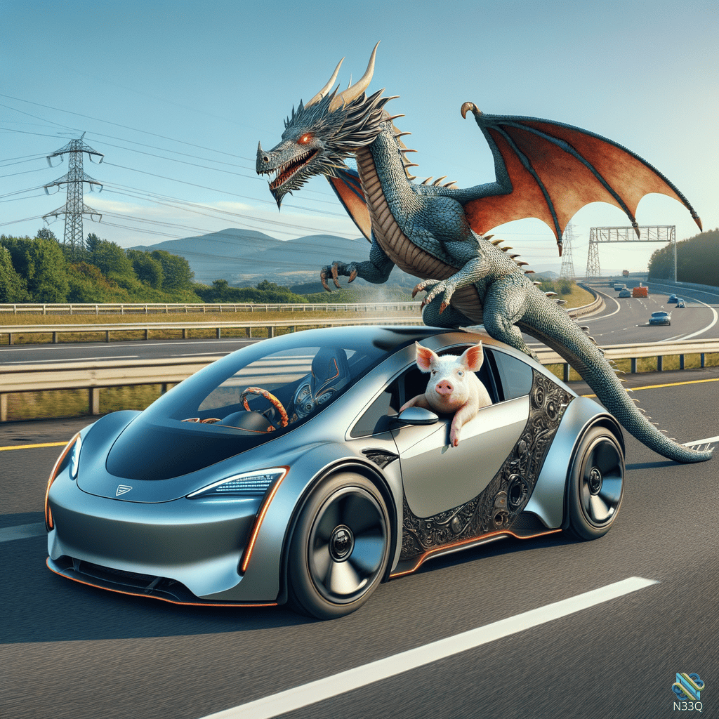 Dragon Perched on Futuristic Car with Pig