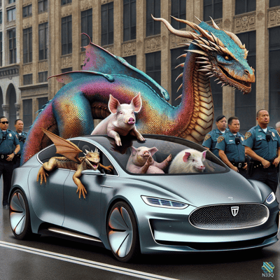 Dragon and Pigs on Futuristic Silver Car