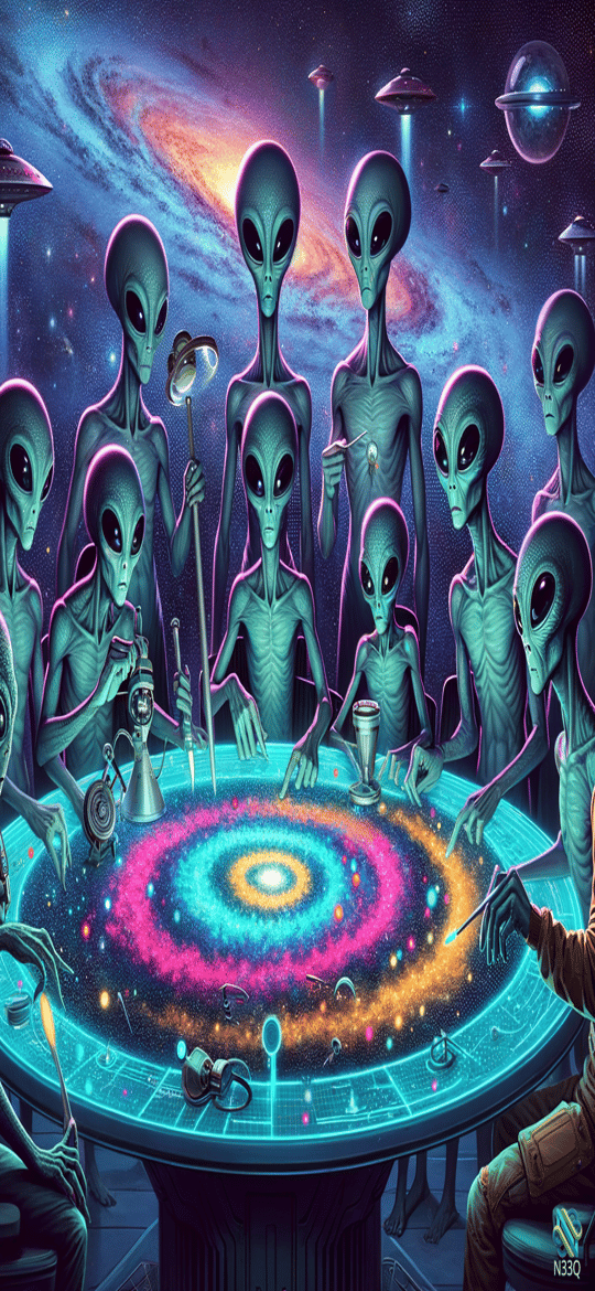 Grey Aliens Around Glowing Cosmic Table