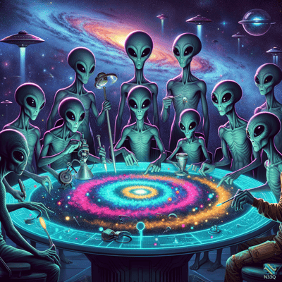 Grey Aliens Around Glowing Cosmic Table