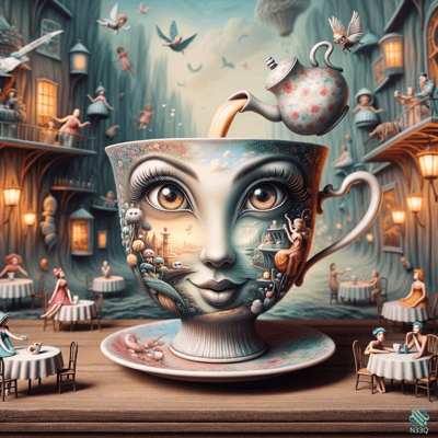 Giant Teacup with Woman's Face and Teapot
