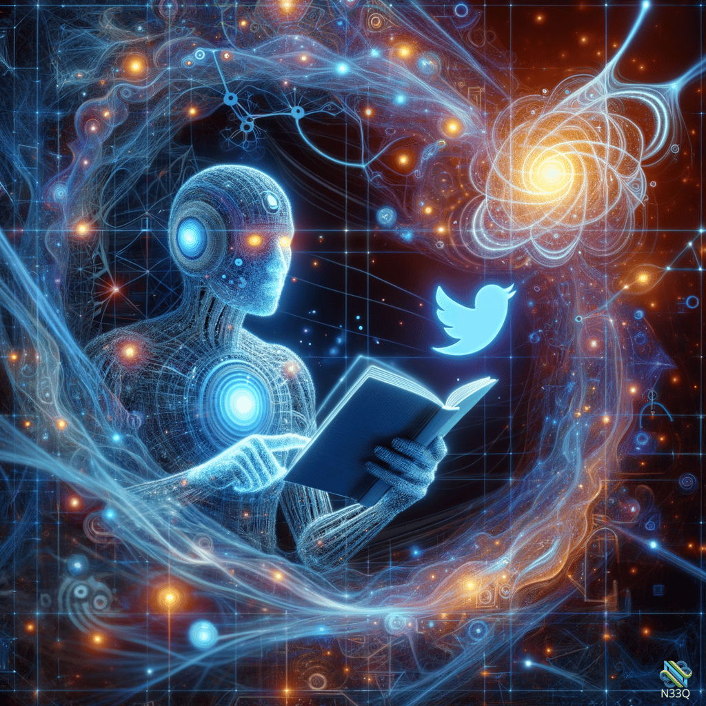 Glowing Robot Reading Book in Cosmic Grid