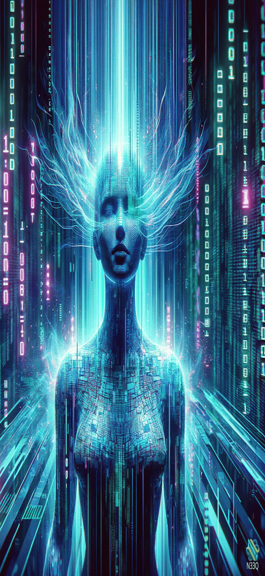 Glowing Cybernetic Woman in Binary Matrix