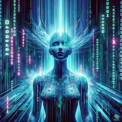 Glowing Cybernetic Woman in Binary Matrix