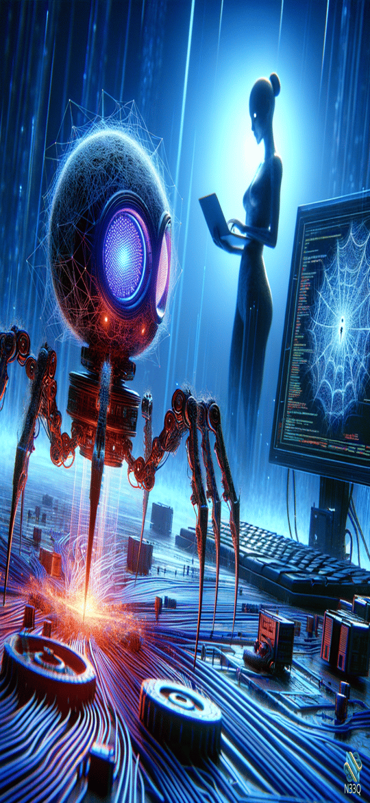 Mechanical Spider Robot on Neon Circuit Board