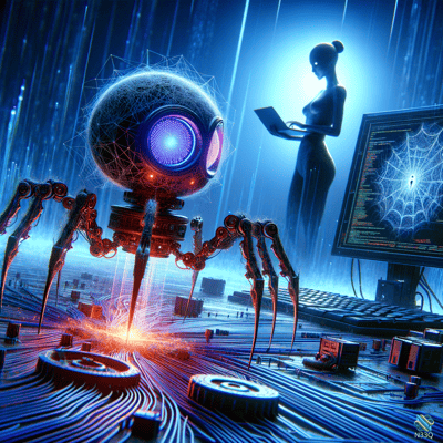 Mechanical Spider Robot on Neon Circuit Board