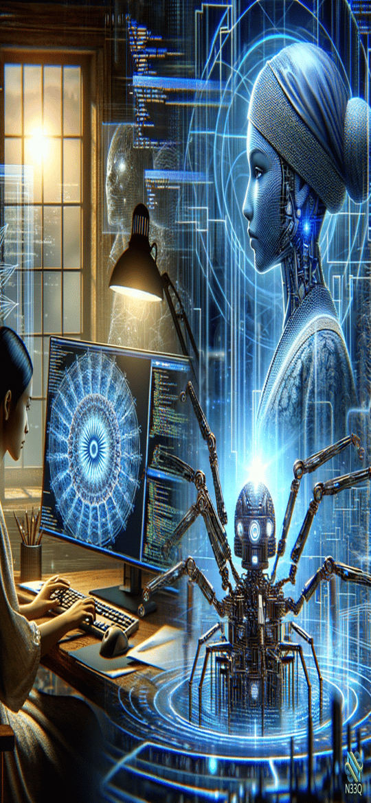 Woman with Robotic Spider and Holographic Cyborg