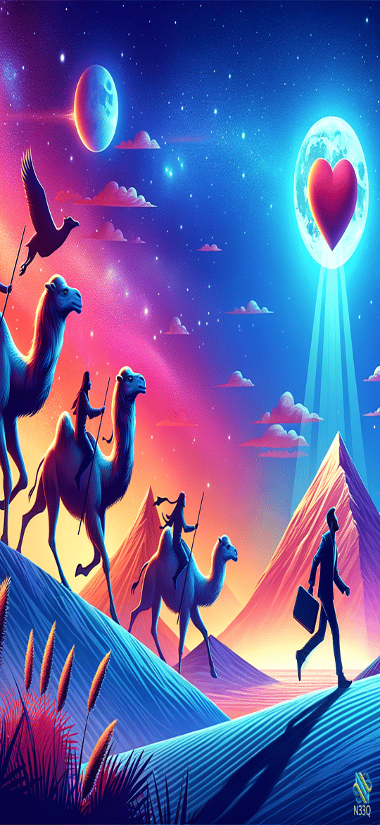 Camel Caravan Under Heart Moon with Businessman