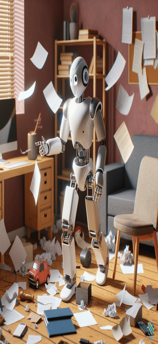 Humanoid Robot Amid Flying Papers