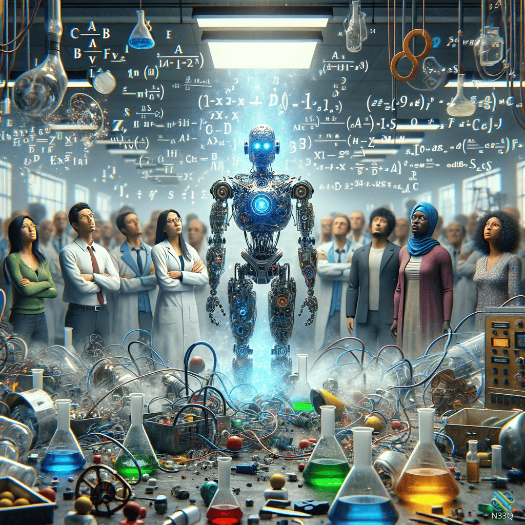 Glowing Robot in Crowded Science Lab