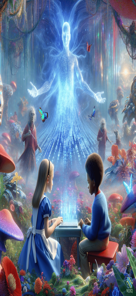 Children Before Ethereal Hologram in Mushroom Forest