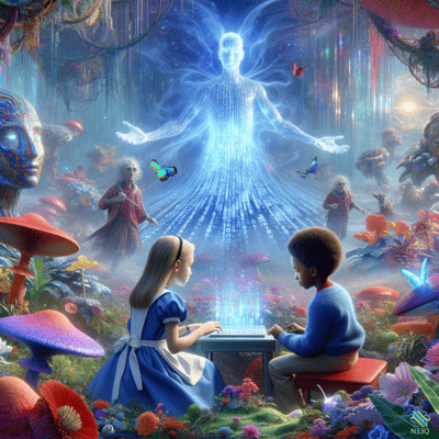 Children Before Ethereal Hologram in Mushroom Forest