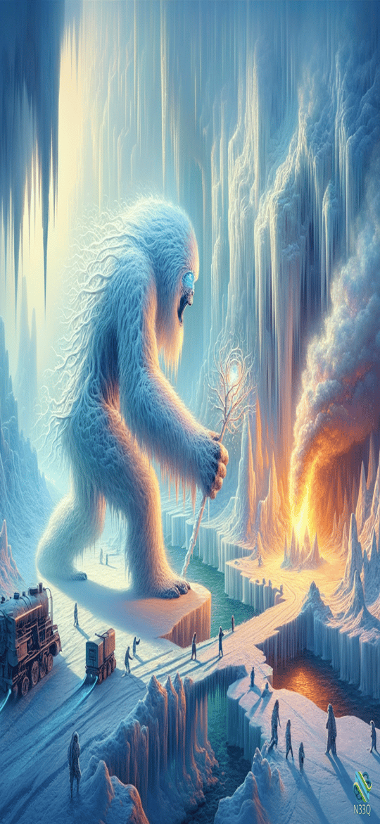 Yeti Holding Glowing Branch in Ice Cavern