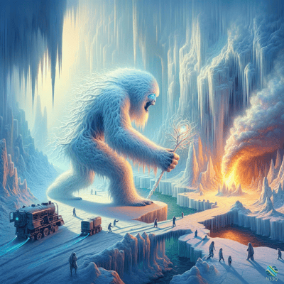 Yeti Holding Glowing Branch in Ice Cavern
