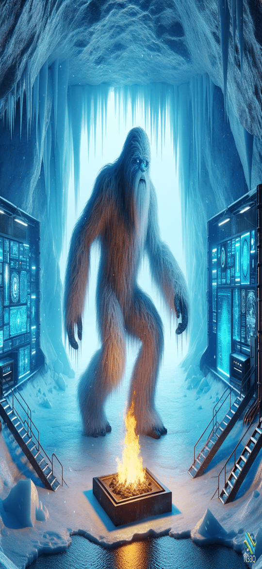 Yeti by Campfire in Futuristic Ice Cave