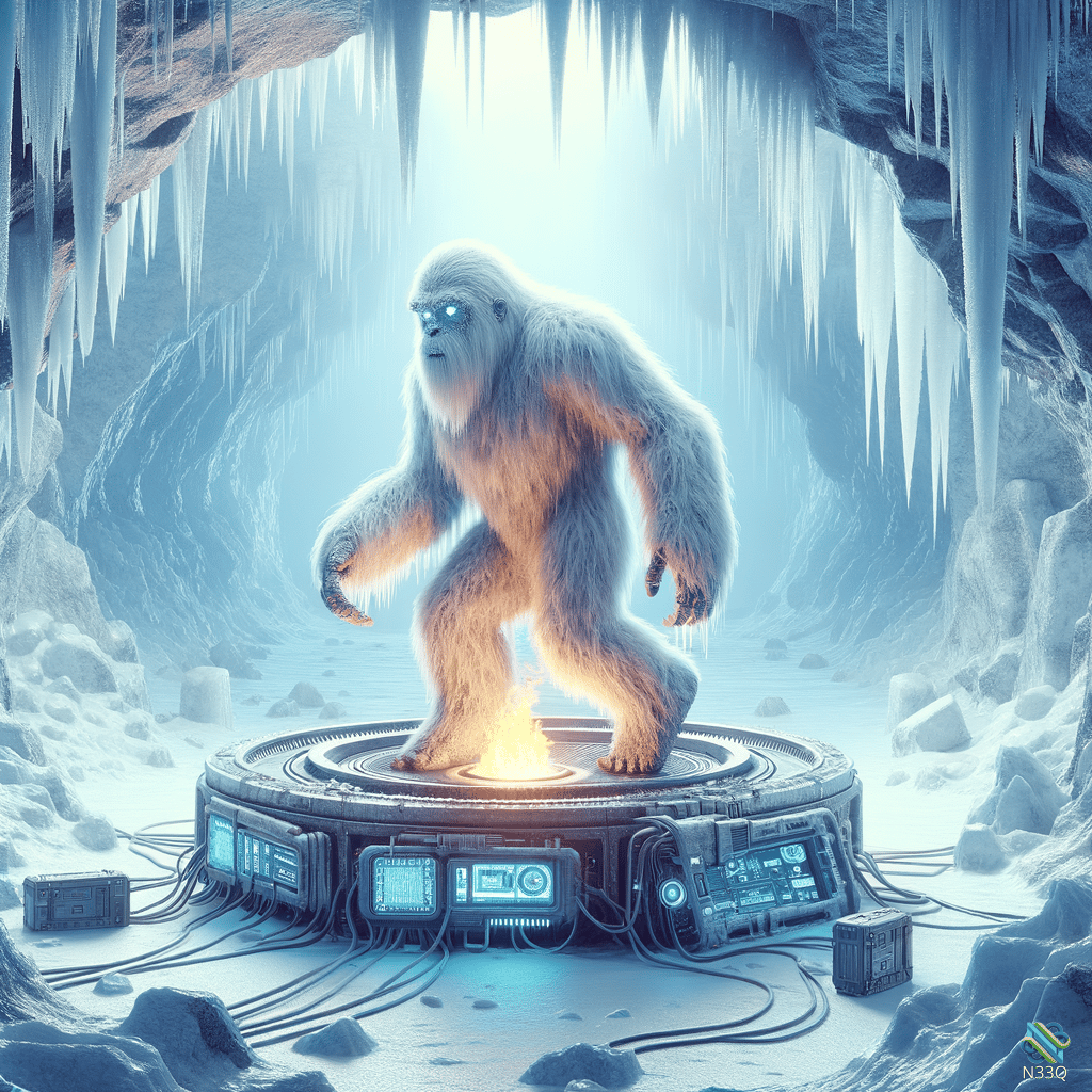 Yeti on Futuristic Platform in Ice Cave