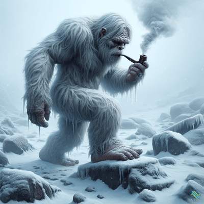 Yeti Smoking Pipe on Icy Rocks