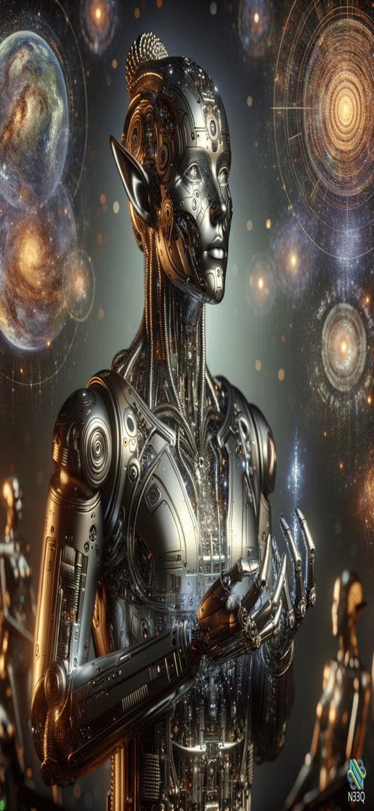 Female Cyborg Holding Light in Cosmos