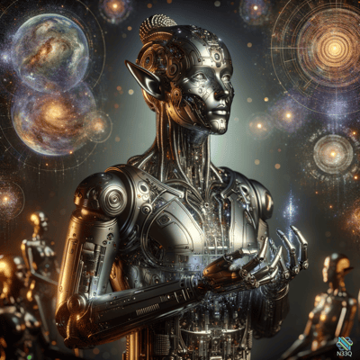 Female Cyborg Holding Light in Cosmos