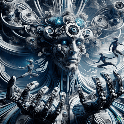 Cyborg Face with Robotic Hands and Floating Figures