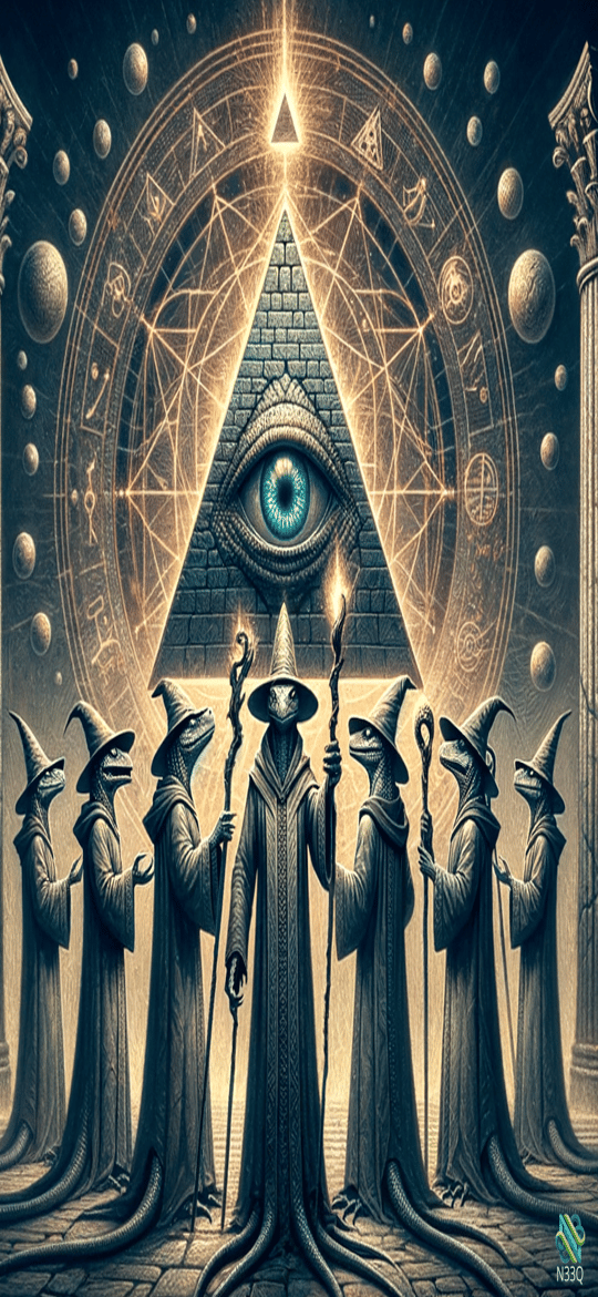 Reptilian Wizards Before Glowing Pyramid Eye