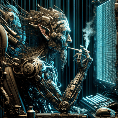 Cyborg Elf Smoking at Glowing Monitor