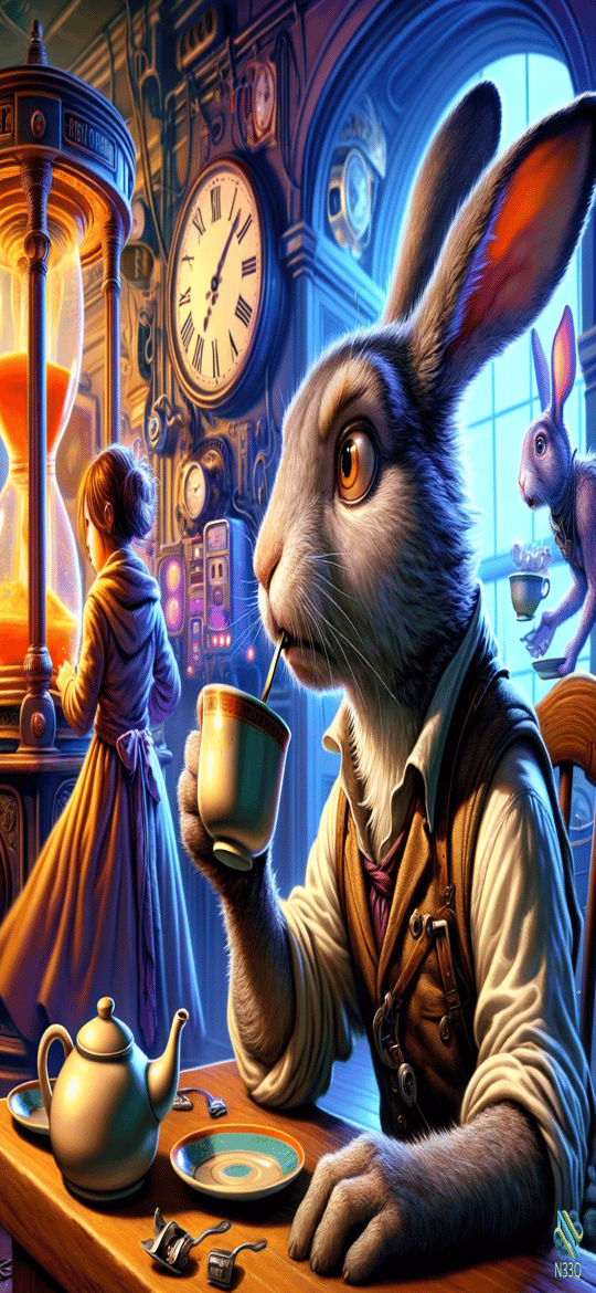 Anthropomorphic Rabbit Sipping Tea by Hourglass