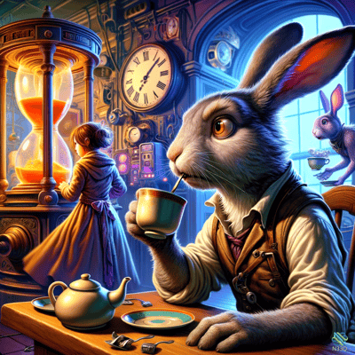 Anthropomorphic Rabbit Sipping Tea by Hourglass