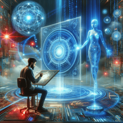 Artist Sketching Blue Holographic Woman in Lab