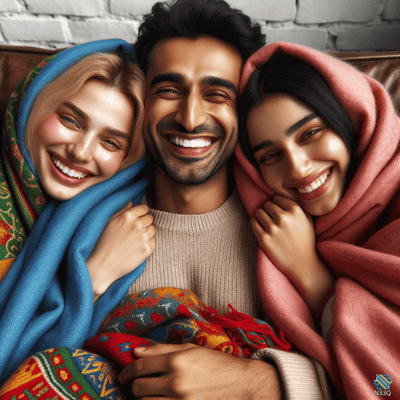 Joyful Trio Wrapped in Colorful Blankets
