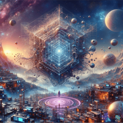 Lone Figure Before Floating Cosmic Geometric Structure