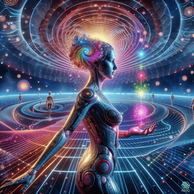 Cybernetic Woman Holding Cosmic Energy Orb