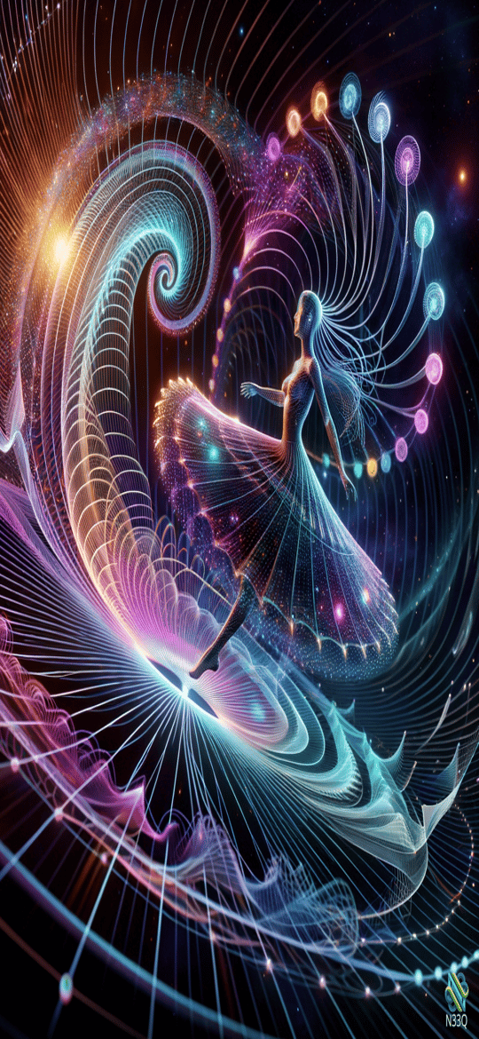 Ballerina Dancing in Cosmic Light Swirls