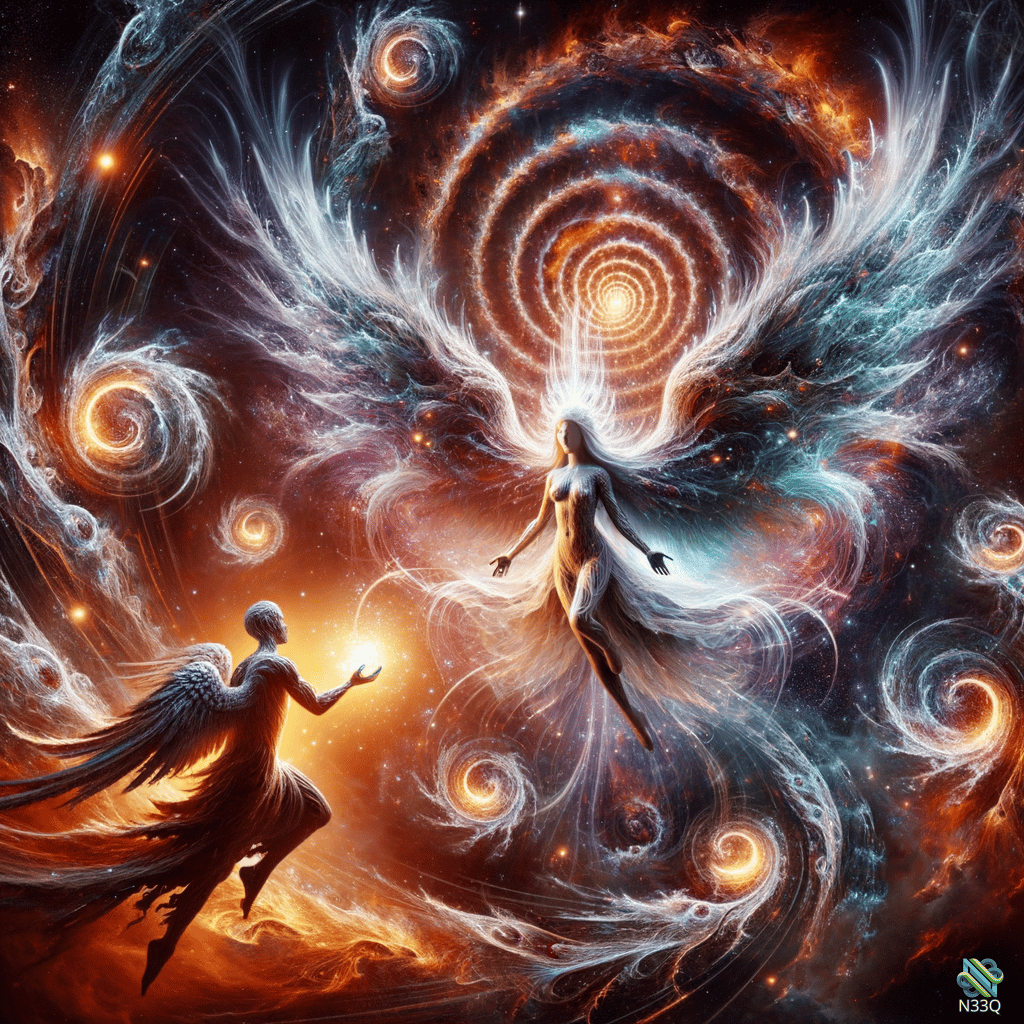 Angels Approaching Fiery Cosmic Vortex
