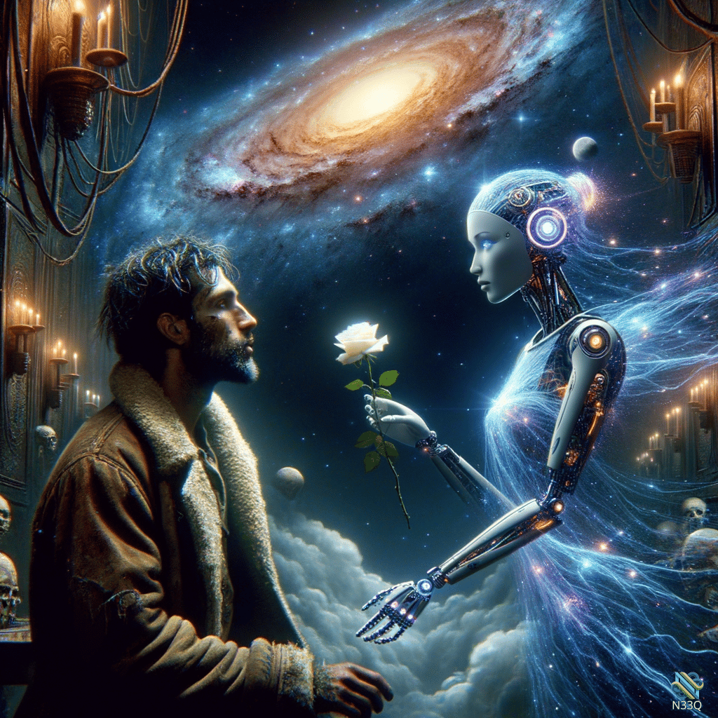Bearded Man and Cyborg with White Rose